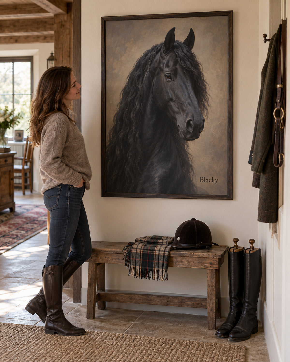 Pferdeportrait im Holzrahmen im Wohnzimmer, Friese mit dem Namen Blacky