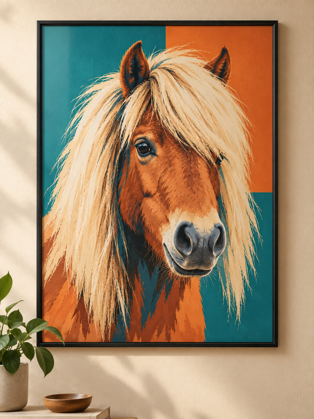 Pferdeportrait im Metallrahmen, Beispiel Shetlandpony