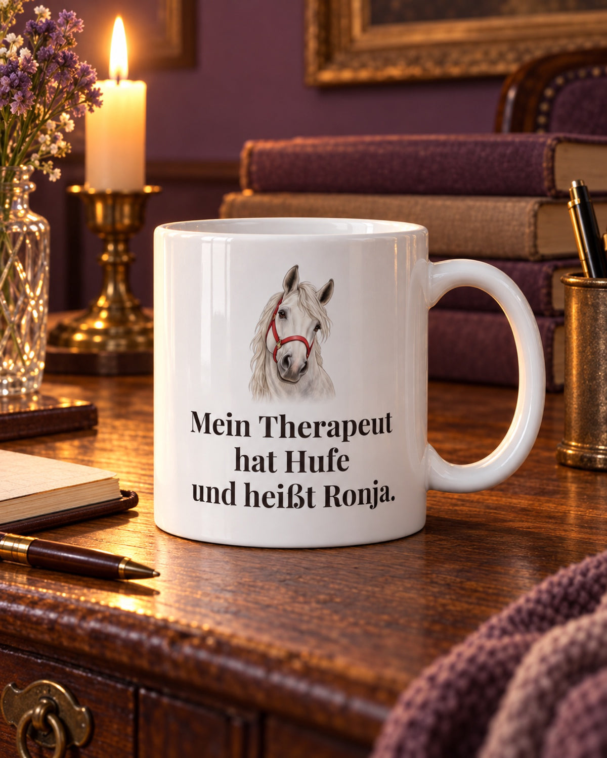 Weiße Tasse mit Schimmelkopf und Spruch Mein Therapeut hat Hufe und heißt Ronja,