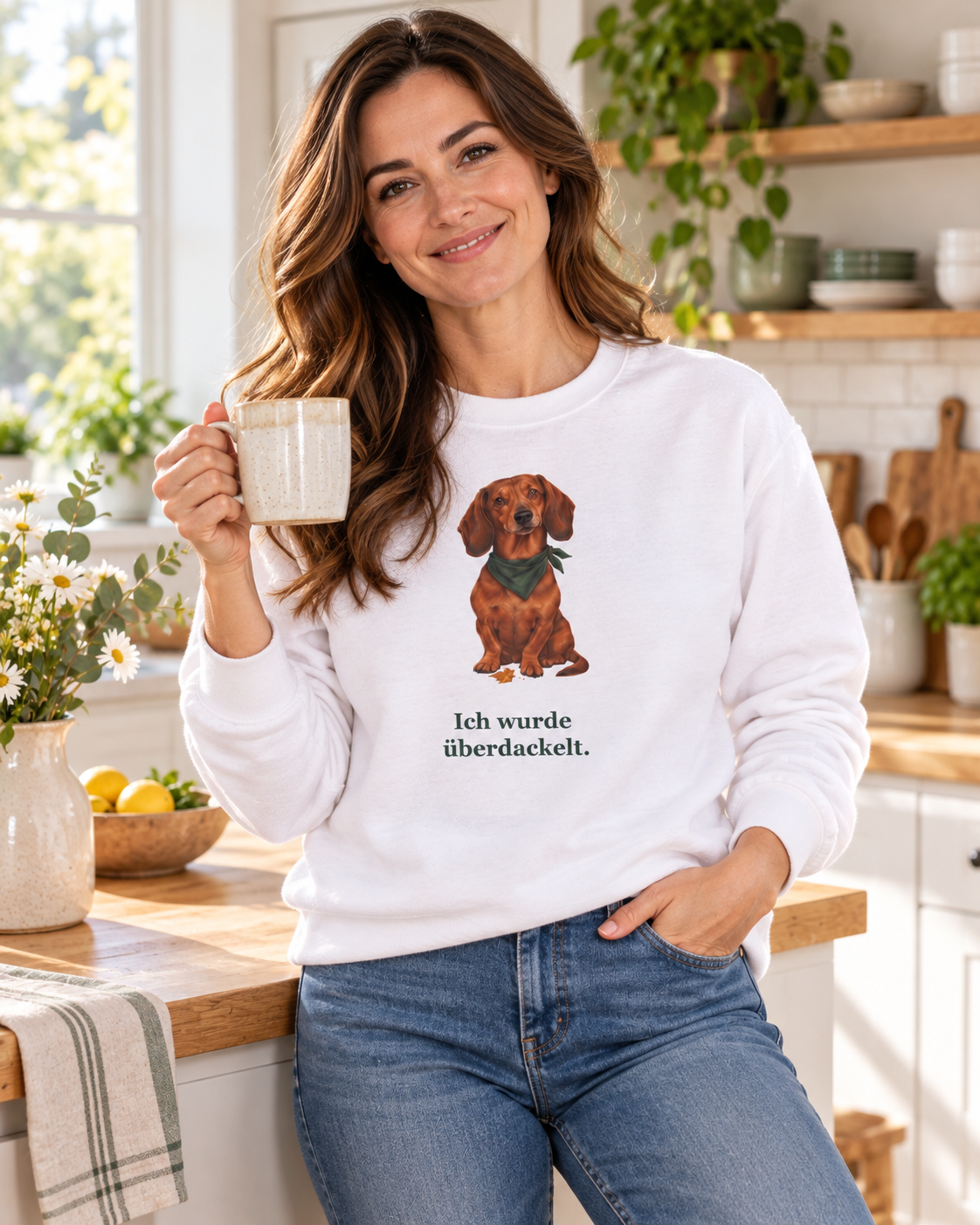 Dackel-Sweatshirt: Ich wurde überdackelt. Unisex, Weiß – neue Produktansicht
