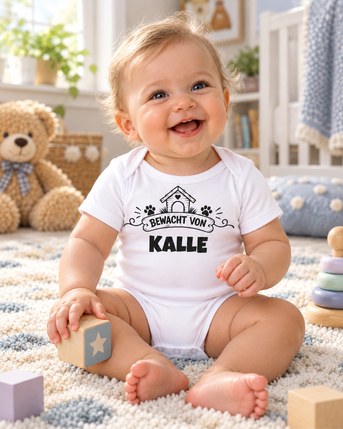 Babybody und Kinder-Shirt „Bewacht von“ mit dem Namen deines Tieres – neue Produktansicht