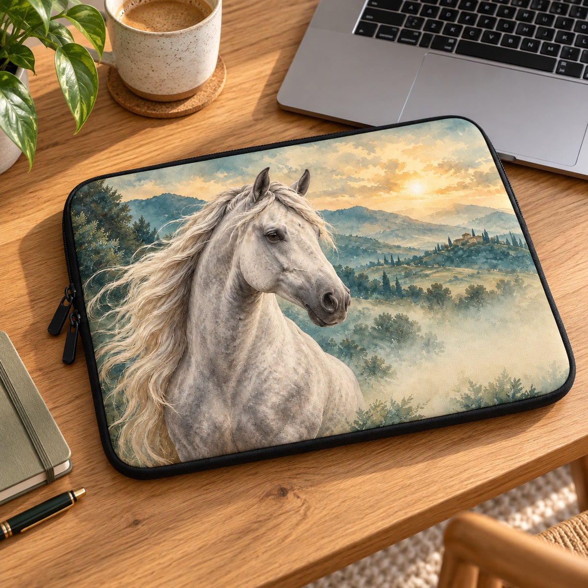 Randlose Laptophülle mit Pferd Schimmel im Aquarellstil am Schreibtisch