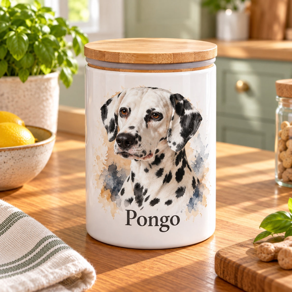 Leckerlidose mit Dalmatiner Pongo im Aquarellstil in warmer Küche