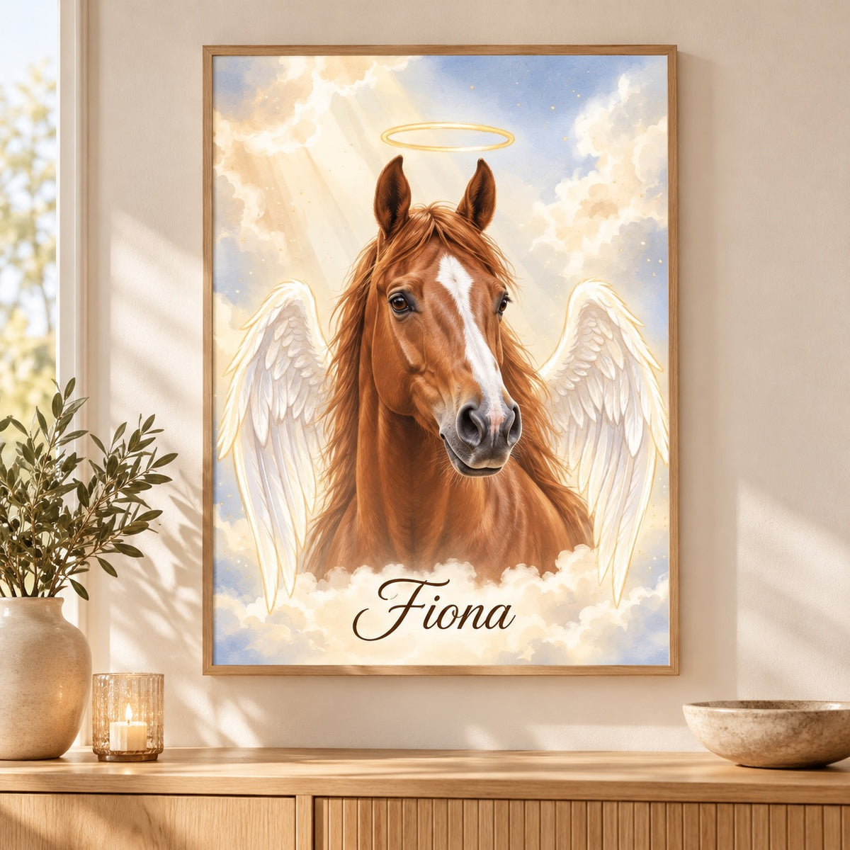 Gedenkportrait Engel als Poster mit Hannoveraner Pferd im warmen Wohnzimmer