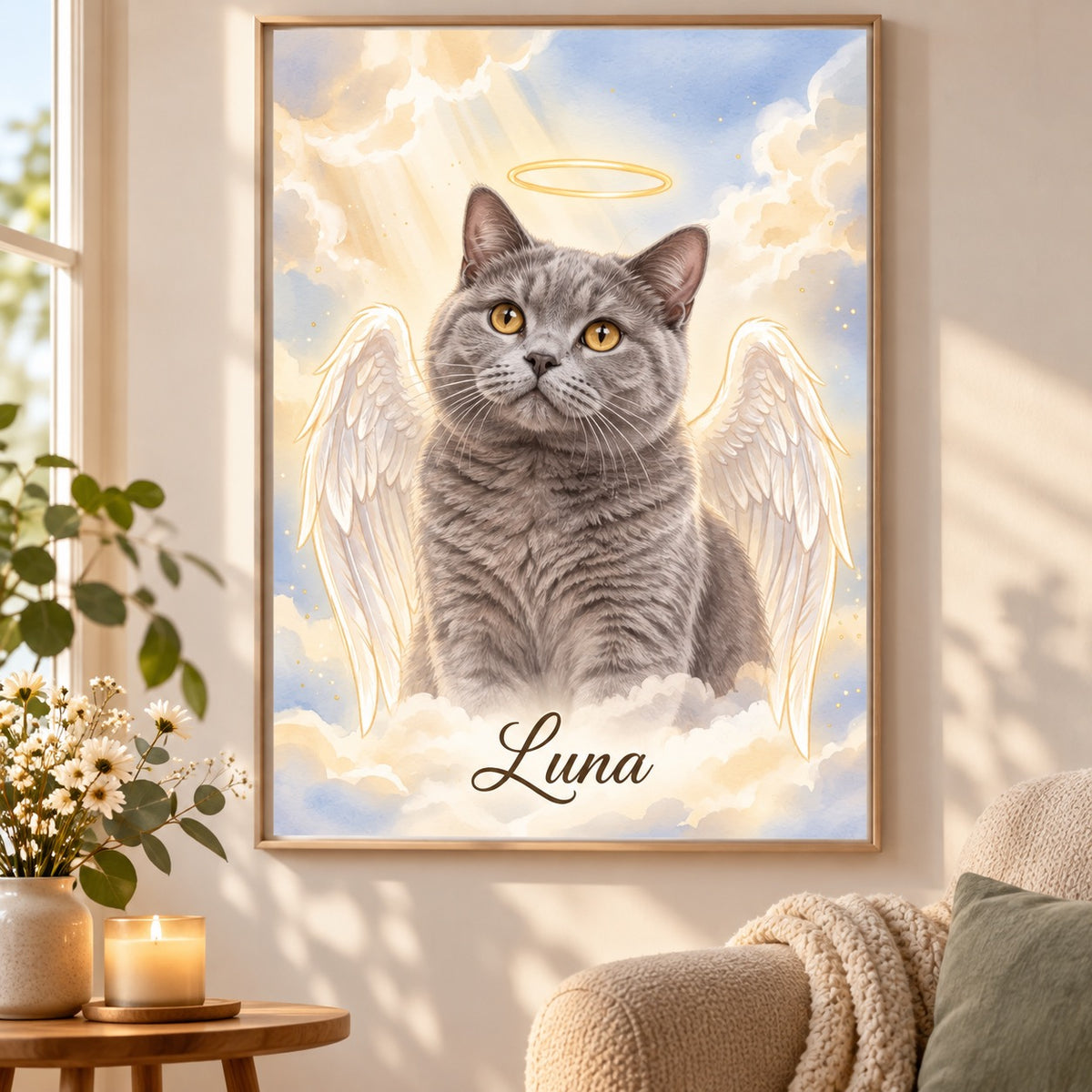 Gedenkportrait Engel als Poster mit Britisch Kurzhaar Katze in ruhiger Leseecke