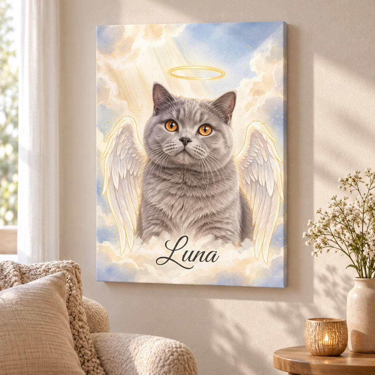 Gedenkportrait Engel auf Leinwand mit Britisch Kurzhaar Katze in ruhiger Leseecke