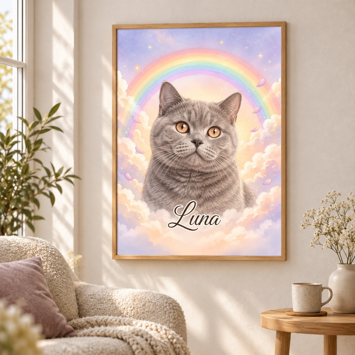 Gedenkportrait Regenbogenbrücke im Holzrahmen mit Britisch Kurzhaar Katze in ruhiger Leseecke