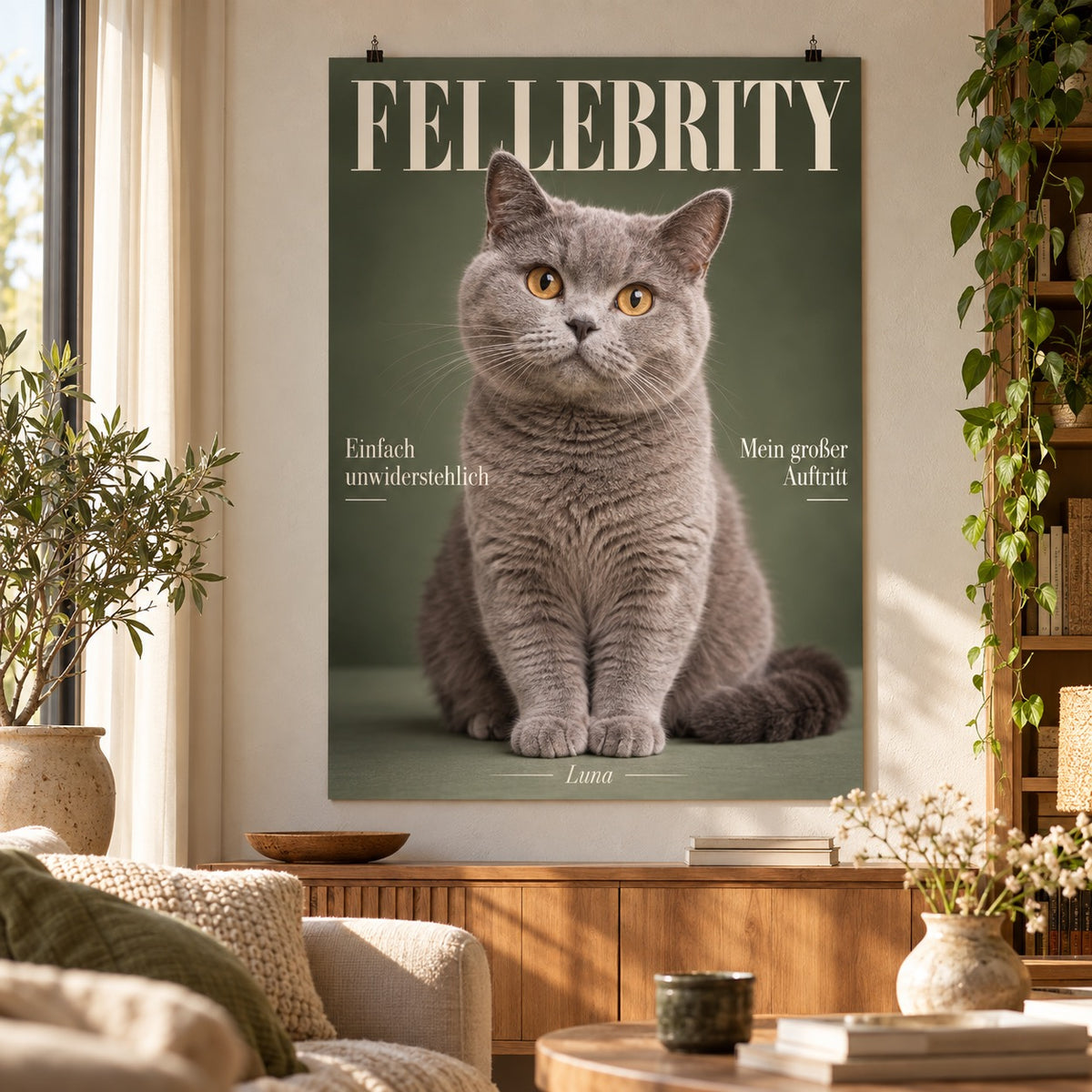 Poster als FELLEBRITY Magazin-Cover mit Britisch Kurzhaar Katze im Wohnzimmer