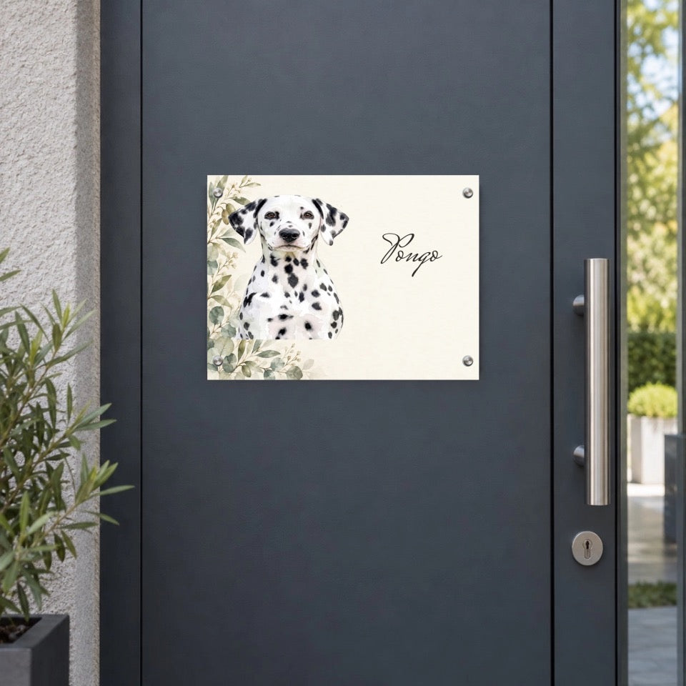 Hunde-Türschild mit Dalmatiner Pongo an einer modernen anthrazitfarbenen Haustür