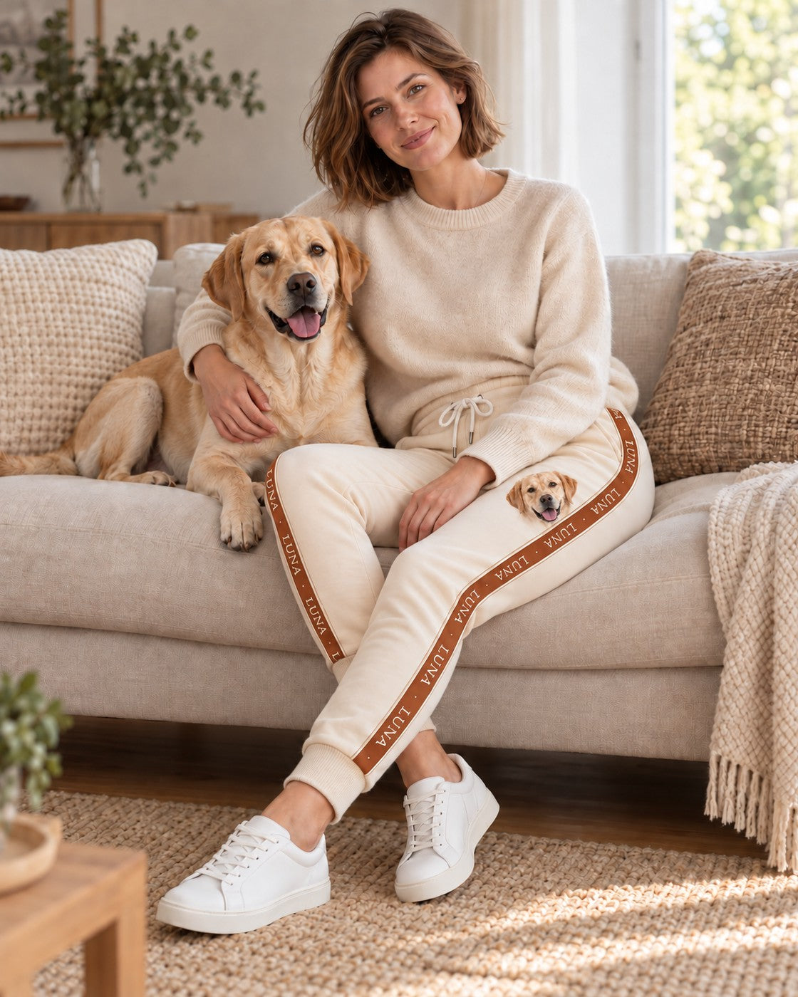 Personalisierte Jogginghose Signature Stripe mit Hundename im Seitenstreifen, getragen auf dem Sofa, Hund Luna