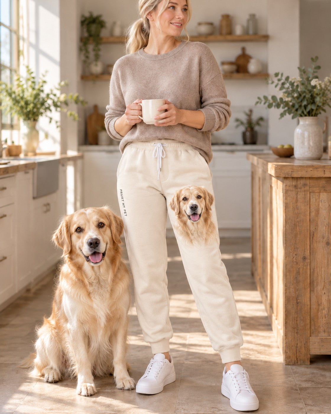 Personalisierte Jogginghose Statement mit großem Hundeportrait, getragen in der Küche, Hund Frieda