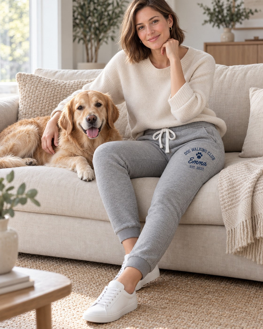 Personalisierte Jogginghose Dog Walking Club mit Hundename, getragen auf dem Sofa, Hund Emma