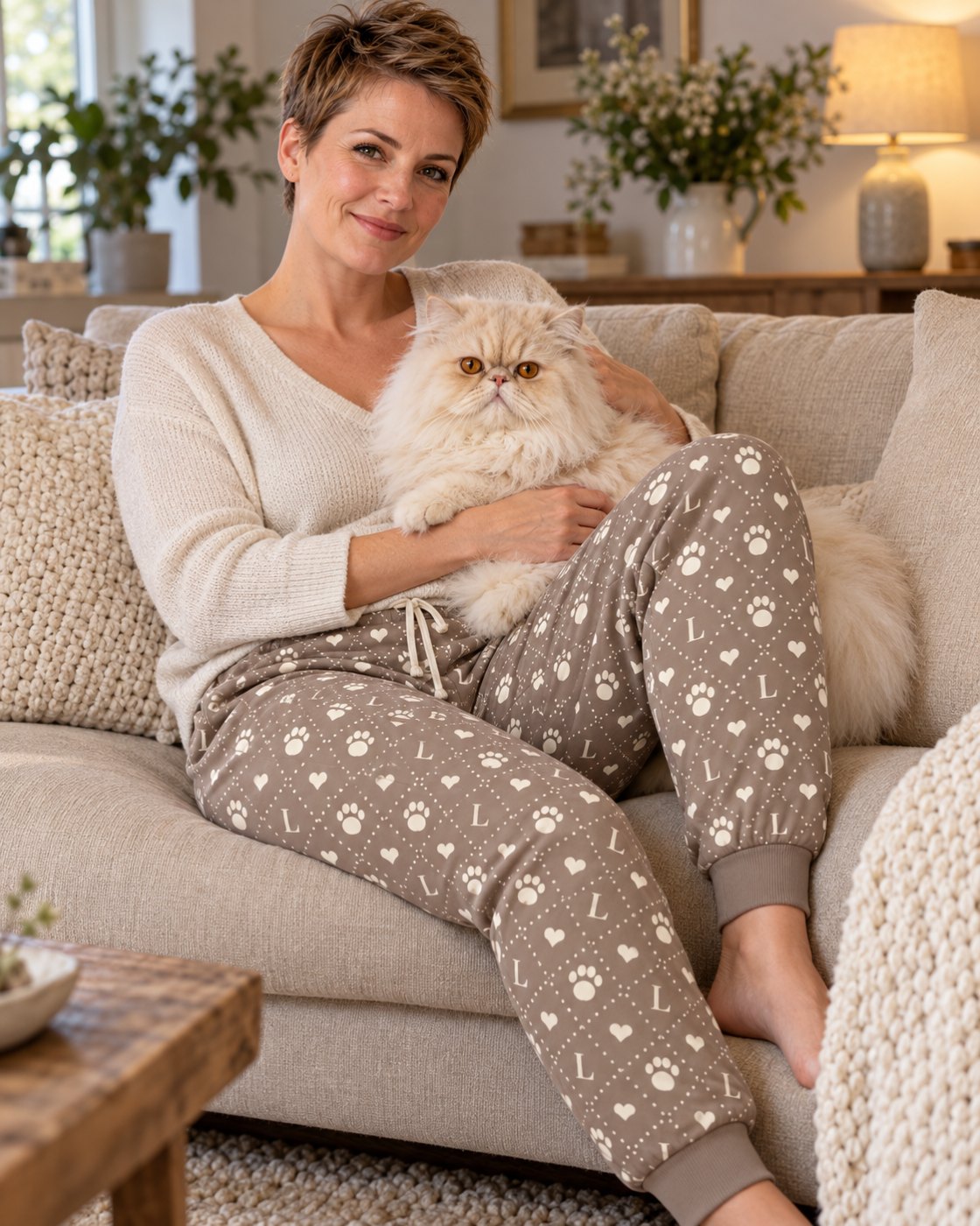 Personalisierte Jogginghose Monogramm mit Initiale der Katze, getragen auf dem Sofa, Katze Leo