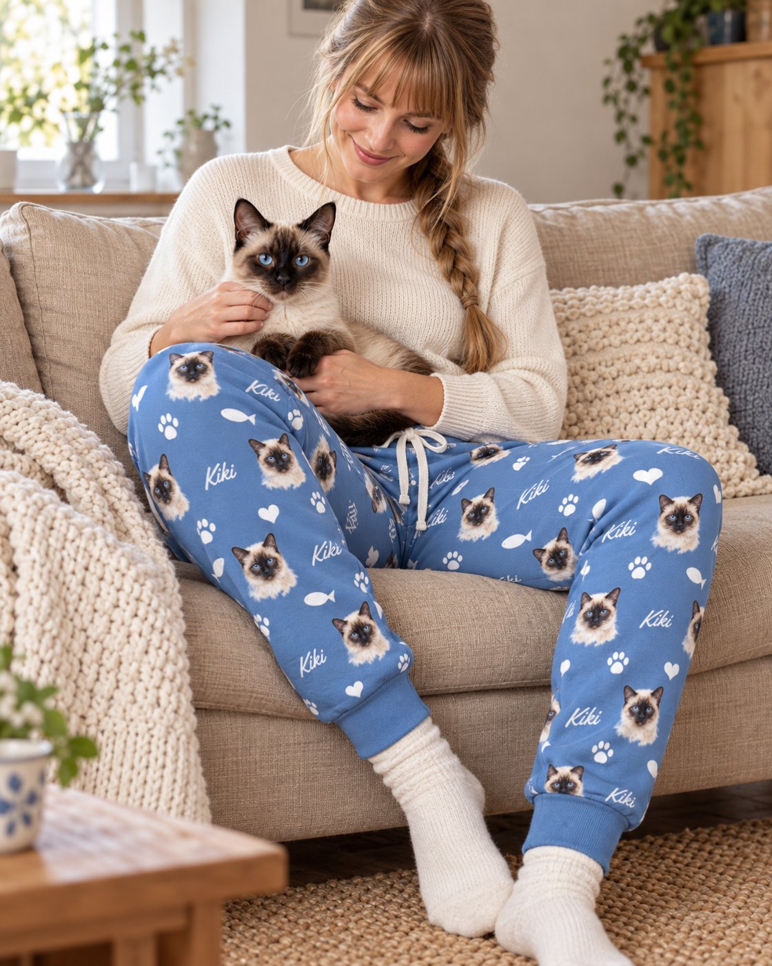 Personalisierte Jogginghose blau mit Katzengesichtern und Name, getragen auf dem Sofa, Katze Kiki