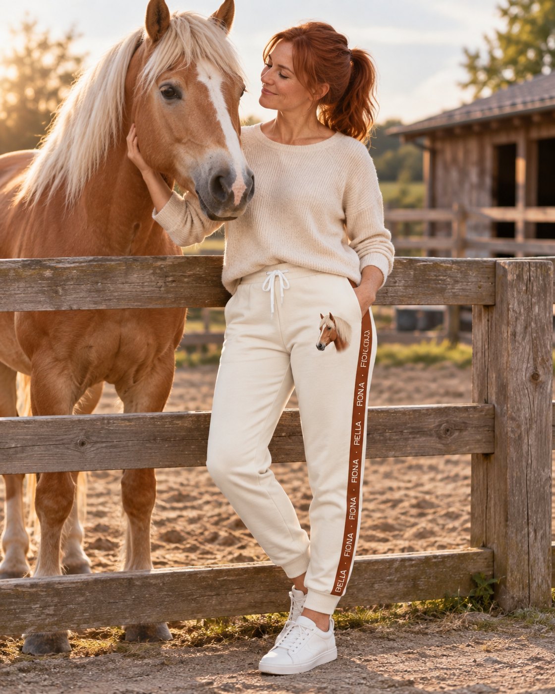 Personalisierte Jogginghose Signature Stripe mit Pferdename im Seitenstreifen, am Koppelzaun, Pferd Fiona