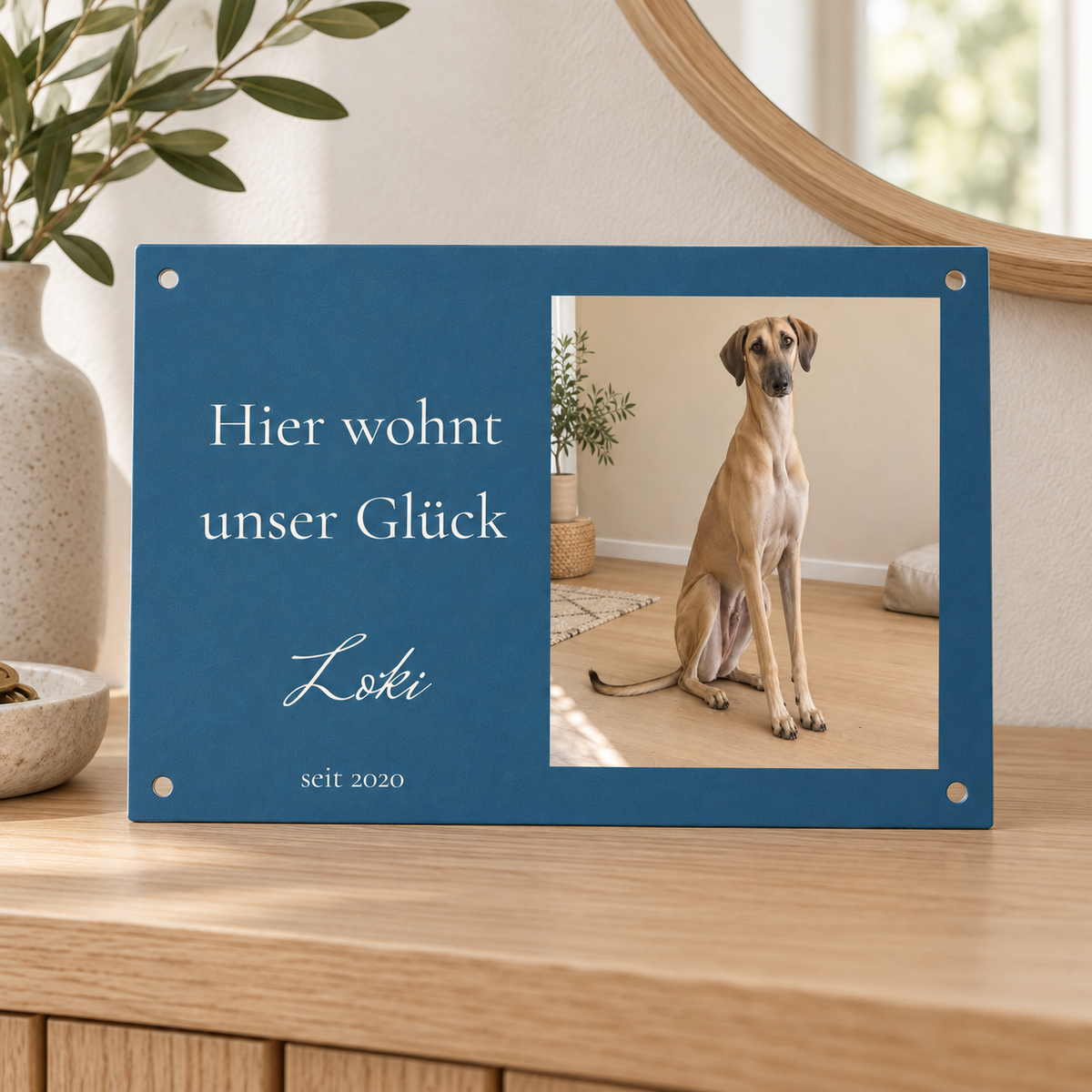 Gestaltungsbeispiel: blaues Foto-Türschild mit Sloughi Loki, großem Wunschtext und Datum auf einer Holzkonsole