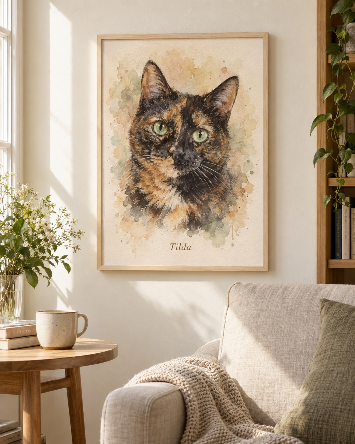 Personalisiertes Katzenportrait als Poster im Holzrahmen im Aquarell-Stil, Europäisch Kurzhaar, Schildpatt