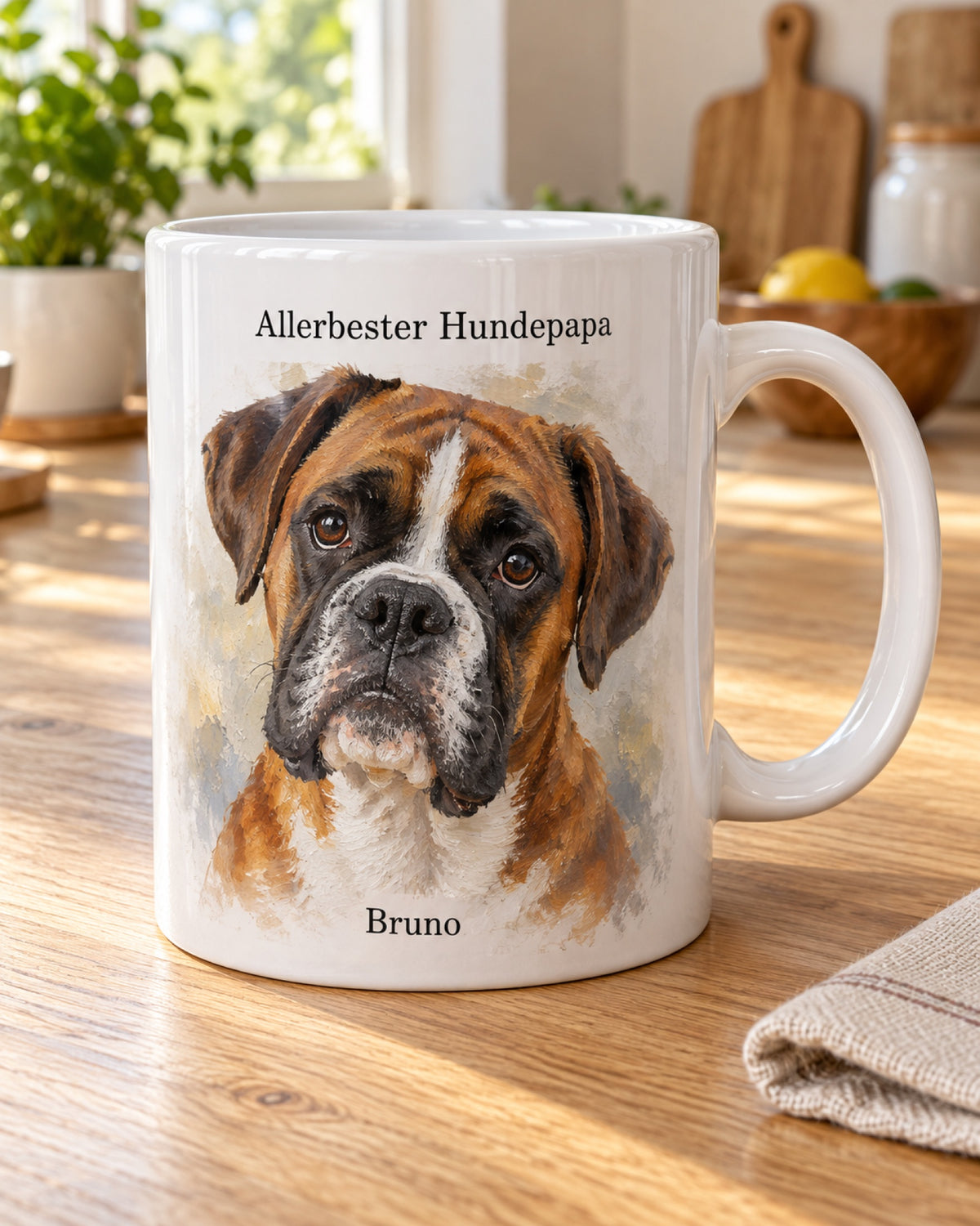 Tasse Hundemama und Hundepapa mit Foto im Ölgemälde-Stil, Boxer