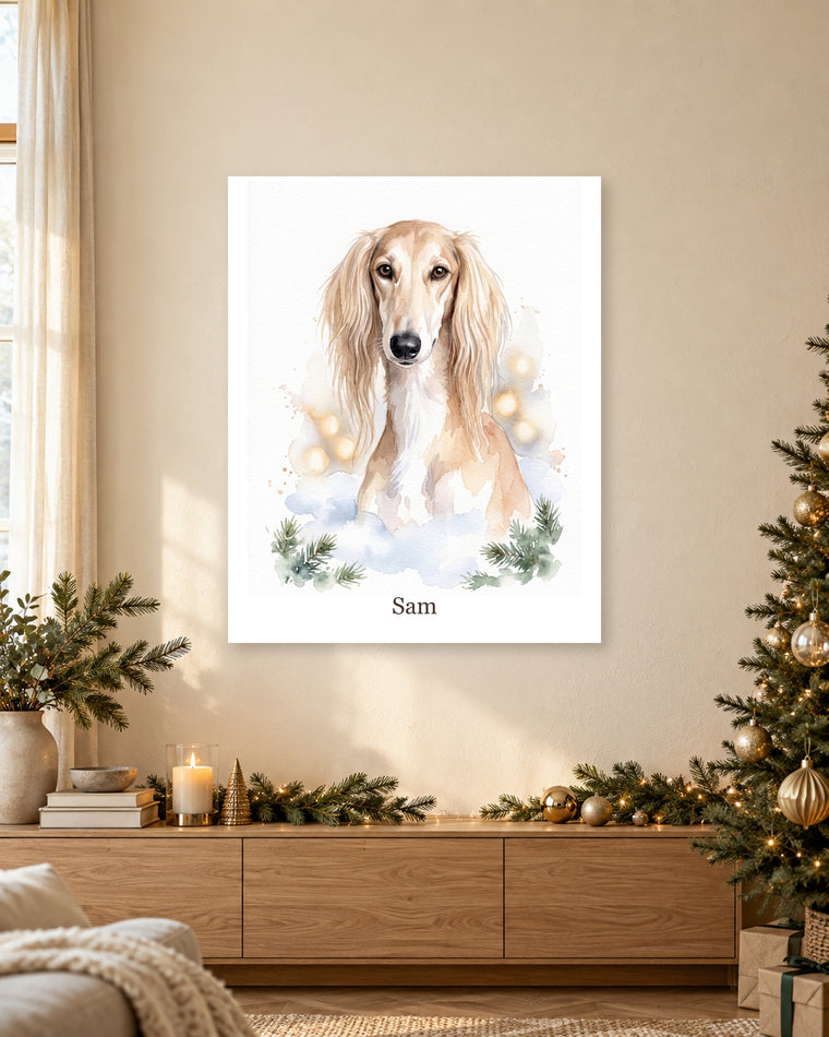 Dein Hund im Weihnachtsschnee als Poster, Saluki Sam im Aquarellstil, im saisonal dekorierten Wohnraum