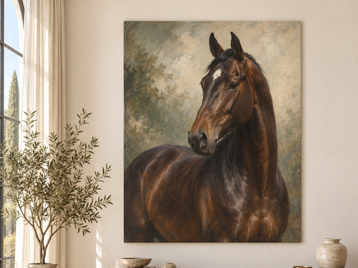 Pferdeportrait als Ölgemälde auf Leinwand über einem Sideboard im hellen Wohnzimmer