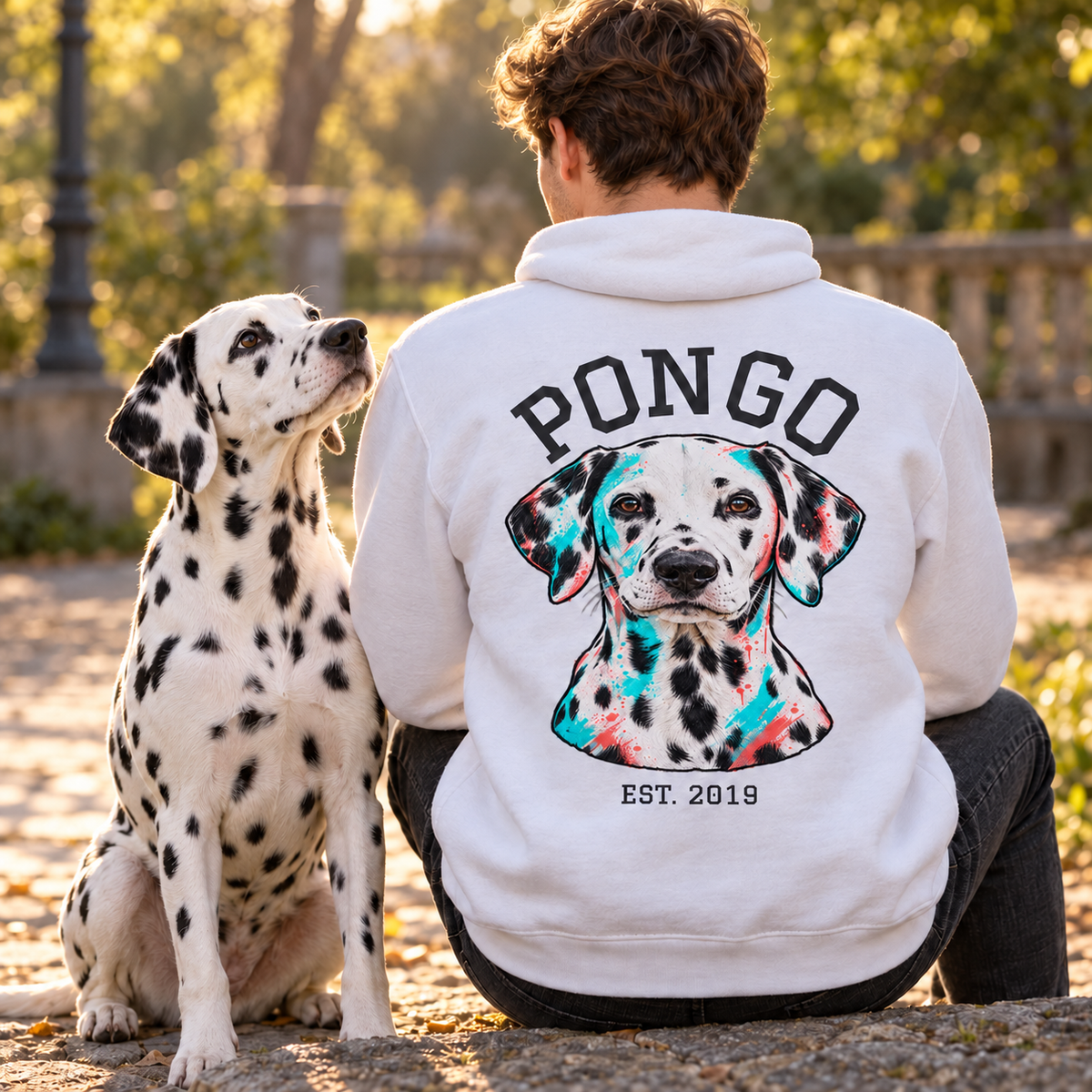 Besitzer mit Pongo Portrait auf dem weißen Hoodie und passendem Dalmatiner