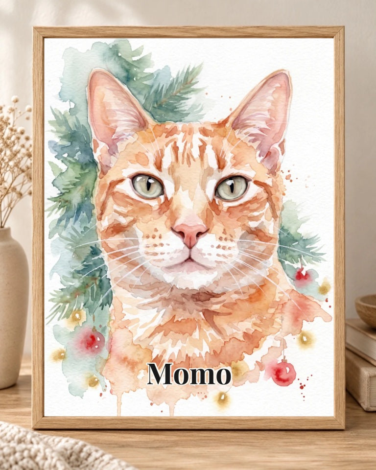 Deine Katze an der Weihnachtstanne: personalisiertes Wandbild, Katze Momo im Aquarellstil in der Druckdetailansicht