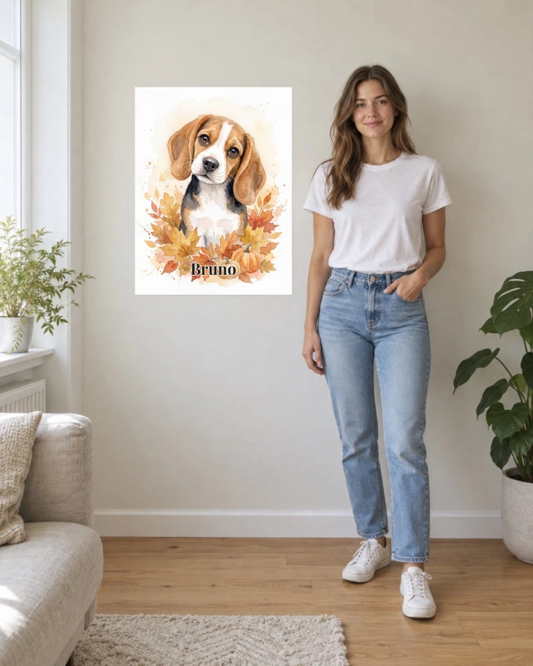 Dein Hund im Herbstlaub: personalisiertes Wandbild, Bruno im Aquarellstil neben einer Person als Größenvergleich