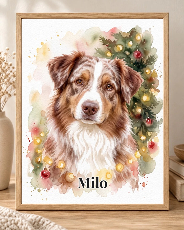Dein Hund an der Weihnachtstanne: personalisiertes Wandbild, Milo im Aquarellstil in der Druckdetailansicht