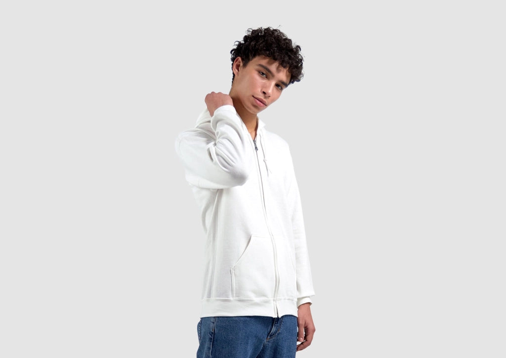 Weiße Sweatjacke mit durchgehendem Reißverschluss, originale Vorderansicht des Zip-Hoodies; dein Tiermotiv wird auf den Rücken gedruckt