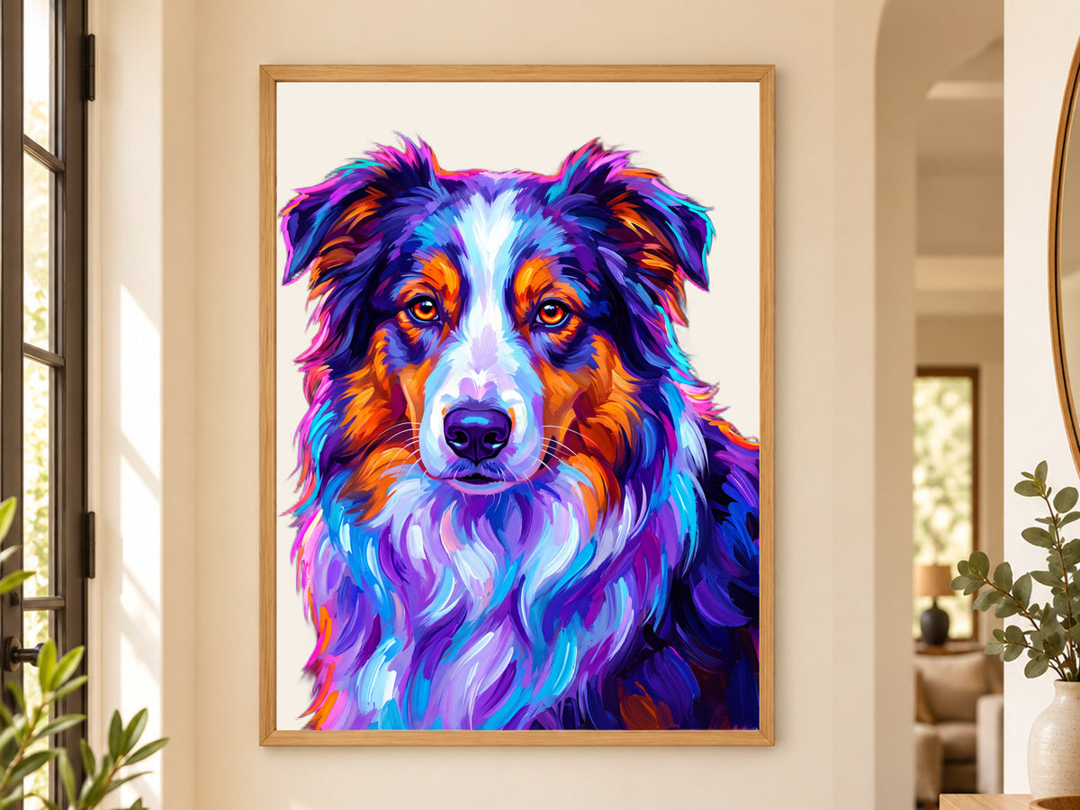 Pop-Art-Portrait eines Australian Shepherd im Holzrahmen im Flur