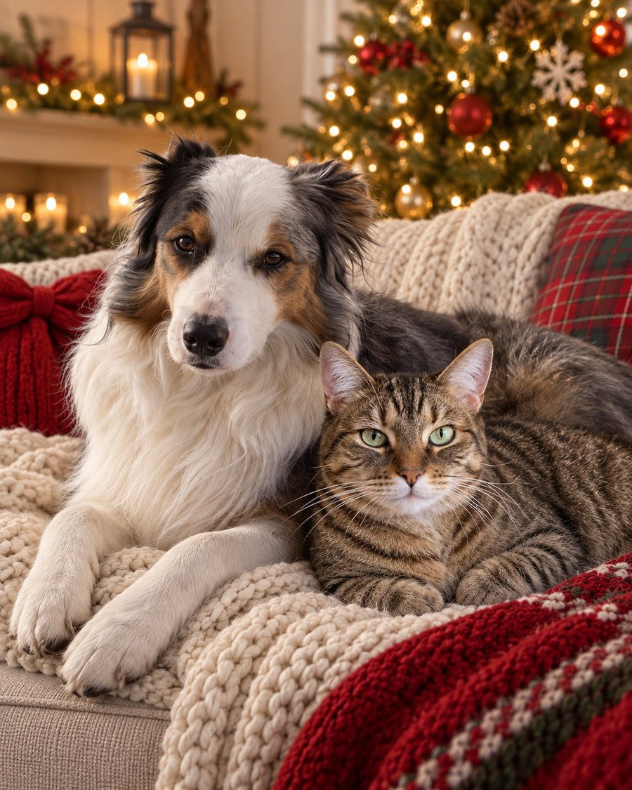 Hund und Katze kuscheln auf dem Sofa vor dem geschmückten Weihnachtsbaum