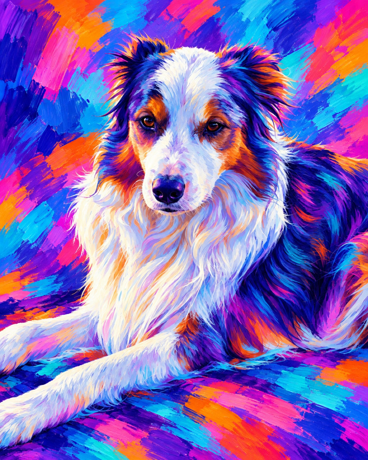 Pop Art Portrait des liegenden Australian Shepherds aus dem Vorher Foto in leuchtenden Farben mit kräftigen Pinselstrichen