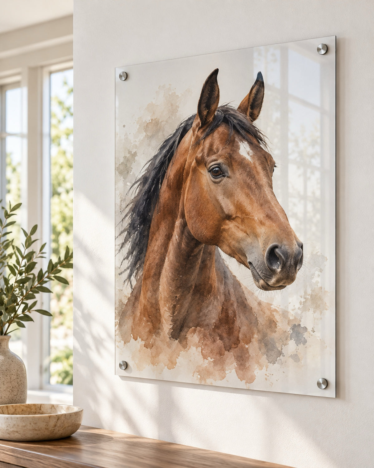 Personalisiertes Pferdeportrait auf Acrylglas im Aquarell-Stil, Hannoveraner