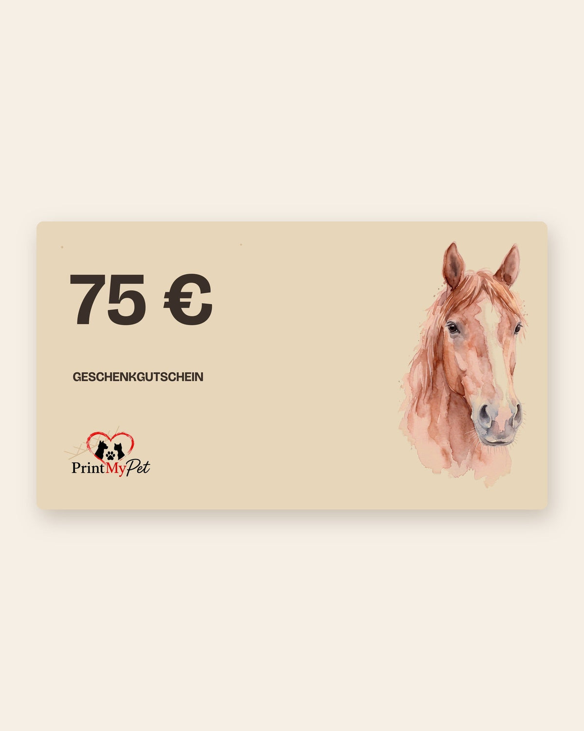 Geschenkgutschein über 75 Euro mit Aquarell-Pferd auf Sandbeige