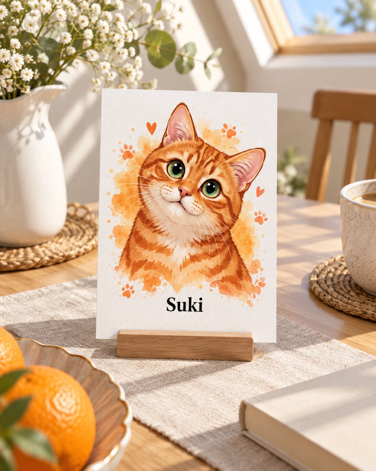 Postkarte A6 mit roter Tigerkatze Suki im Aquarell Stil auf einem hellen Esstisch am sonnigen Dachfenster