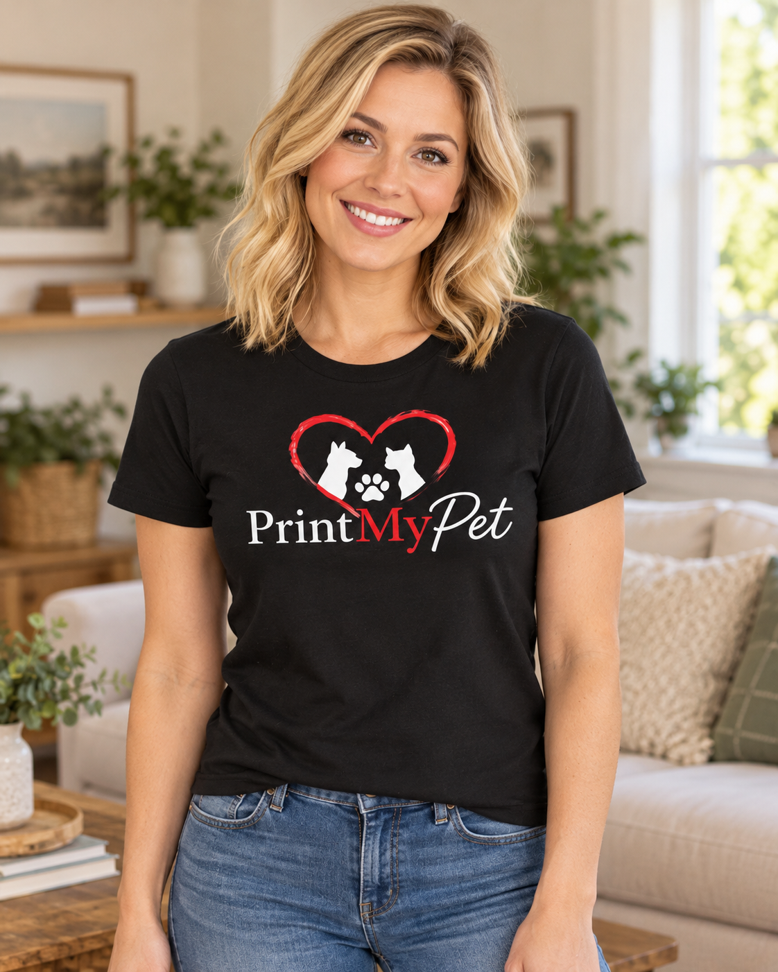 Frau trägt schwarzes PrintMyPet T-Shirt mit Logo