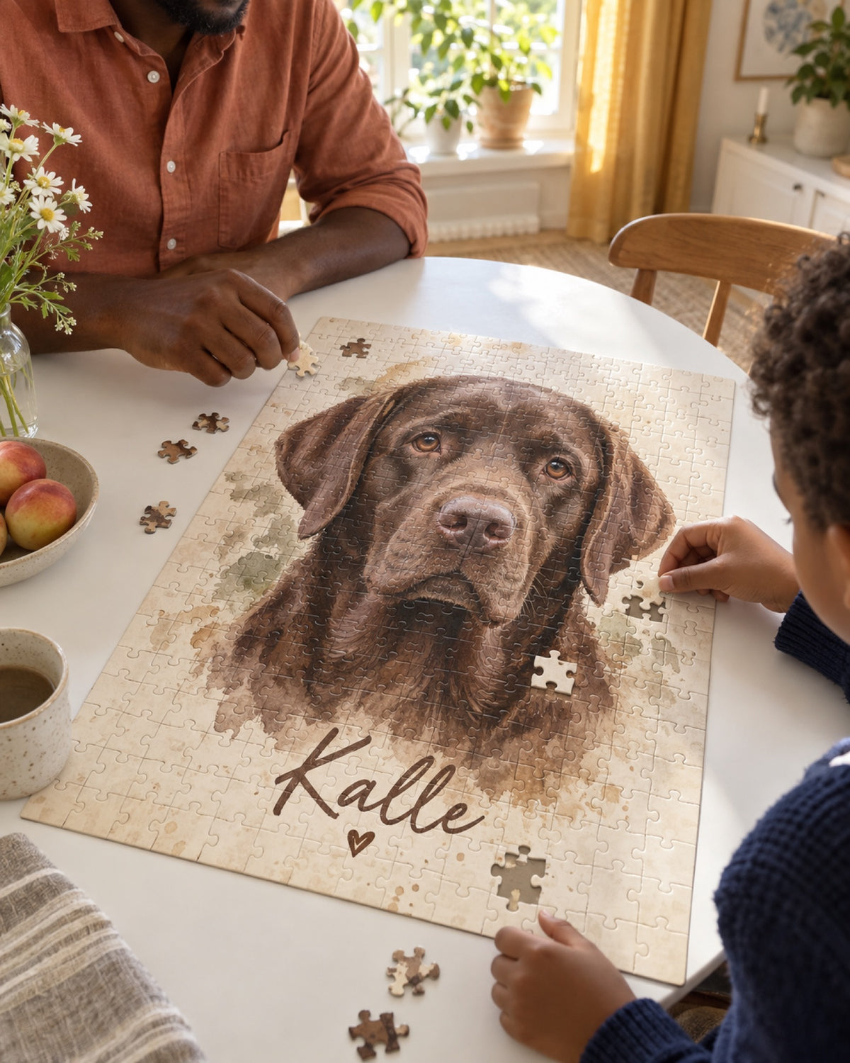 Vater und Kind puzzeln am Esstisch ein personalisiertes Puzzle mit Labrador Kalle