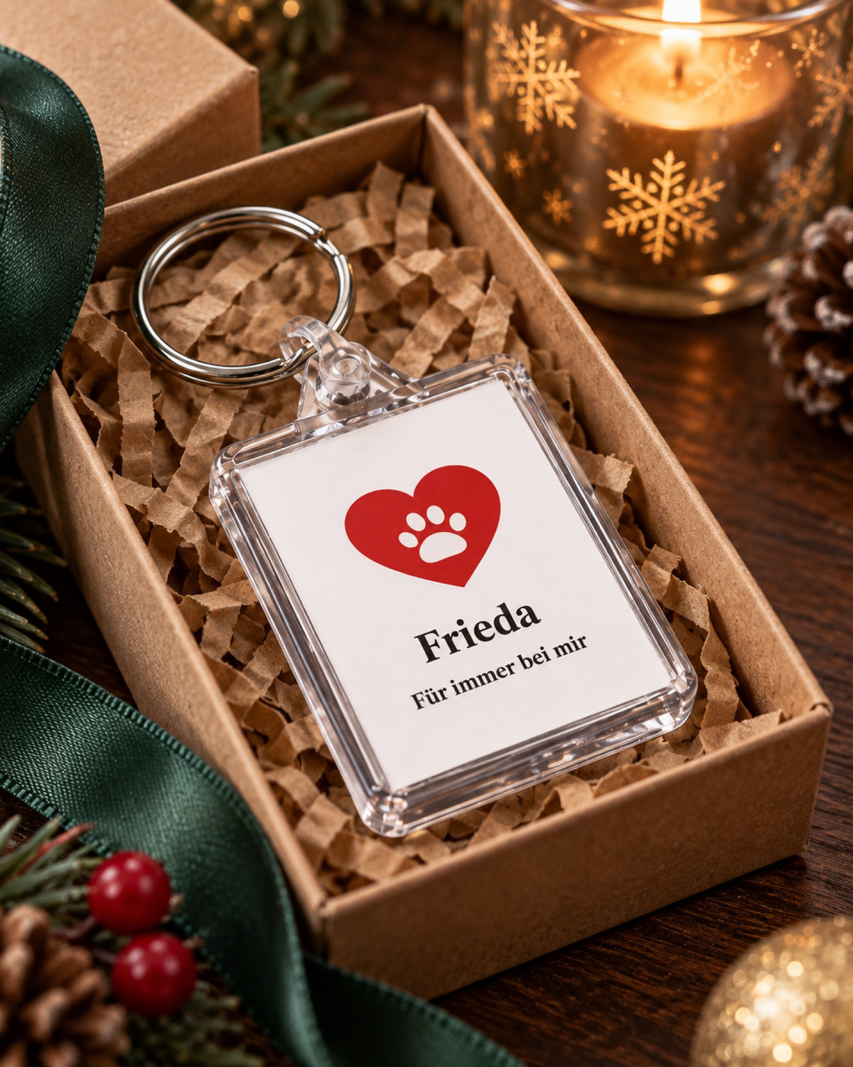 Rechteckiger transparenter Schlüsselanhänger mit Symbolmotiv und dem Namen Frieda als Geschenkbeispiel, Verpackung nicht enthalten