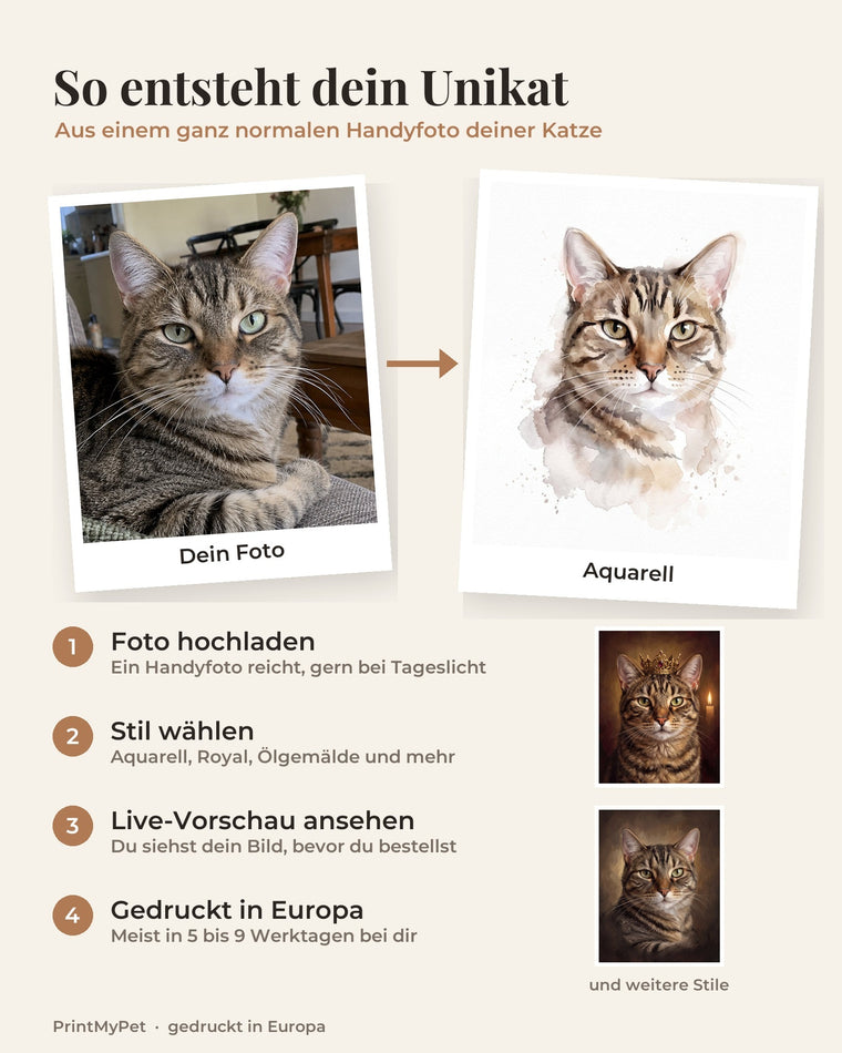 So entsteht dein Unikat: aus dem Handyfoto deiner Katze wird ein Portrait im Stil deiner Wahl, mit Live-Vorschau vor der Bestellung