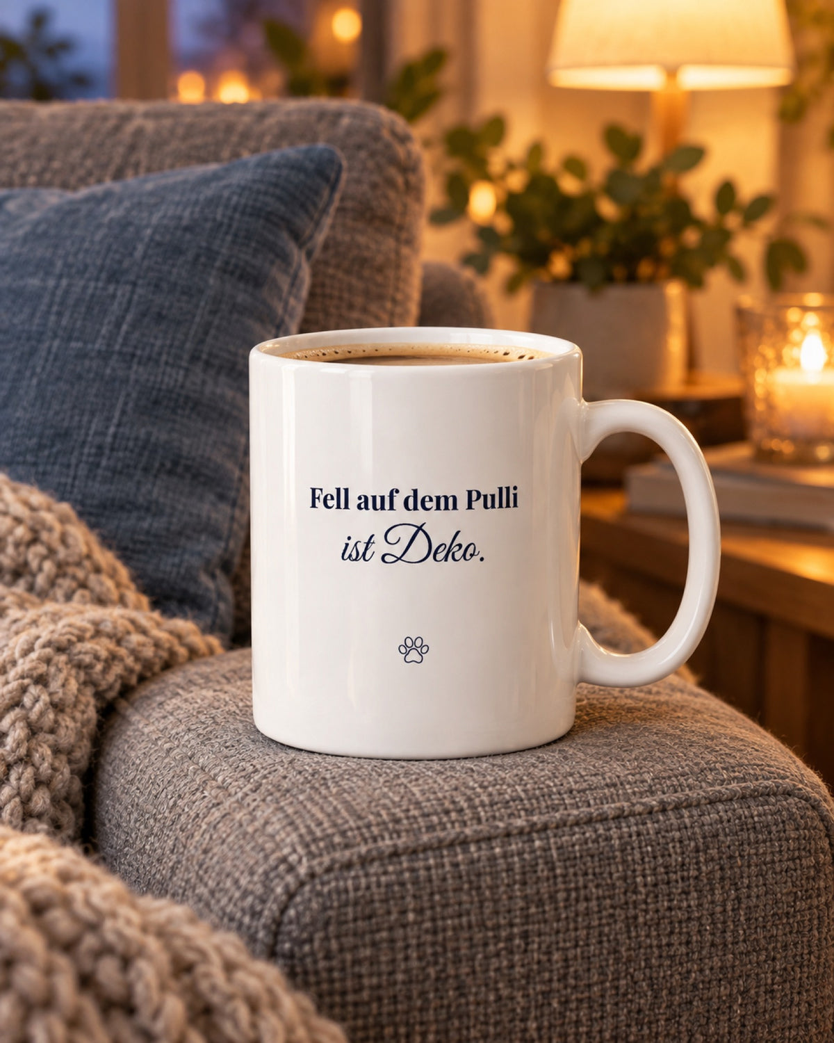 Weiße Keramiktasse Spruchtasse für Hundemenschen auf dem Sofa am Abend