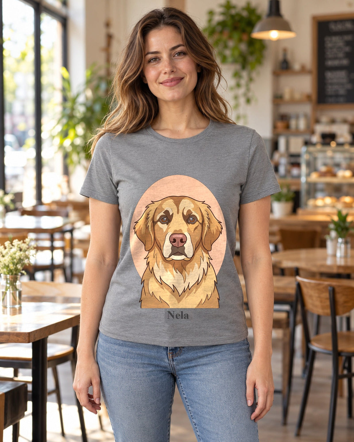 T-Shirt in Grau meliert mit Portrait von einem Golden Retriever im Stil Cartoon und Namen, getragen von einer Frau in einem Café