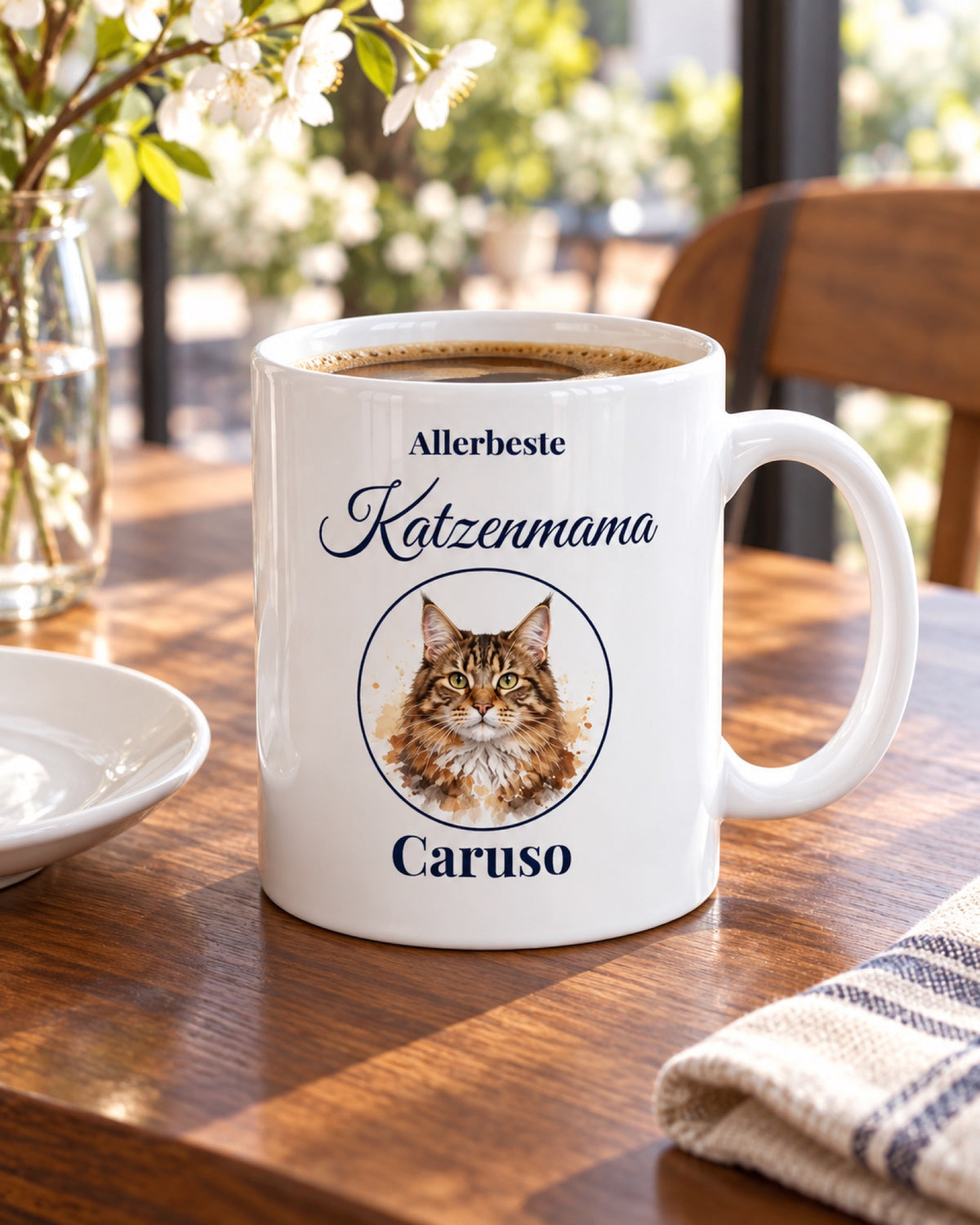 Weiße Keramiktasse Tasse Katzenmama und Katzenpapa mit Foto auf einem Cafétisch im Frühling mit Maine Coon Caruso