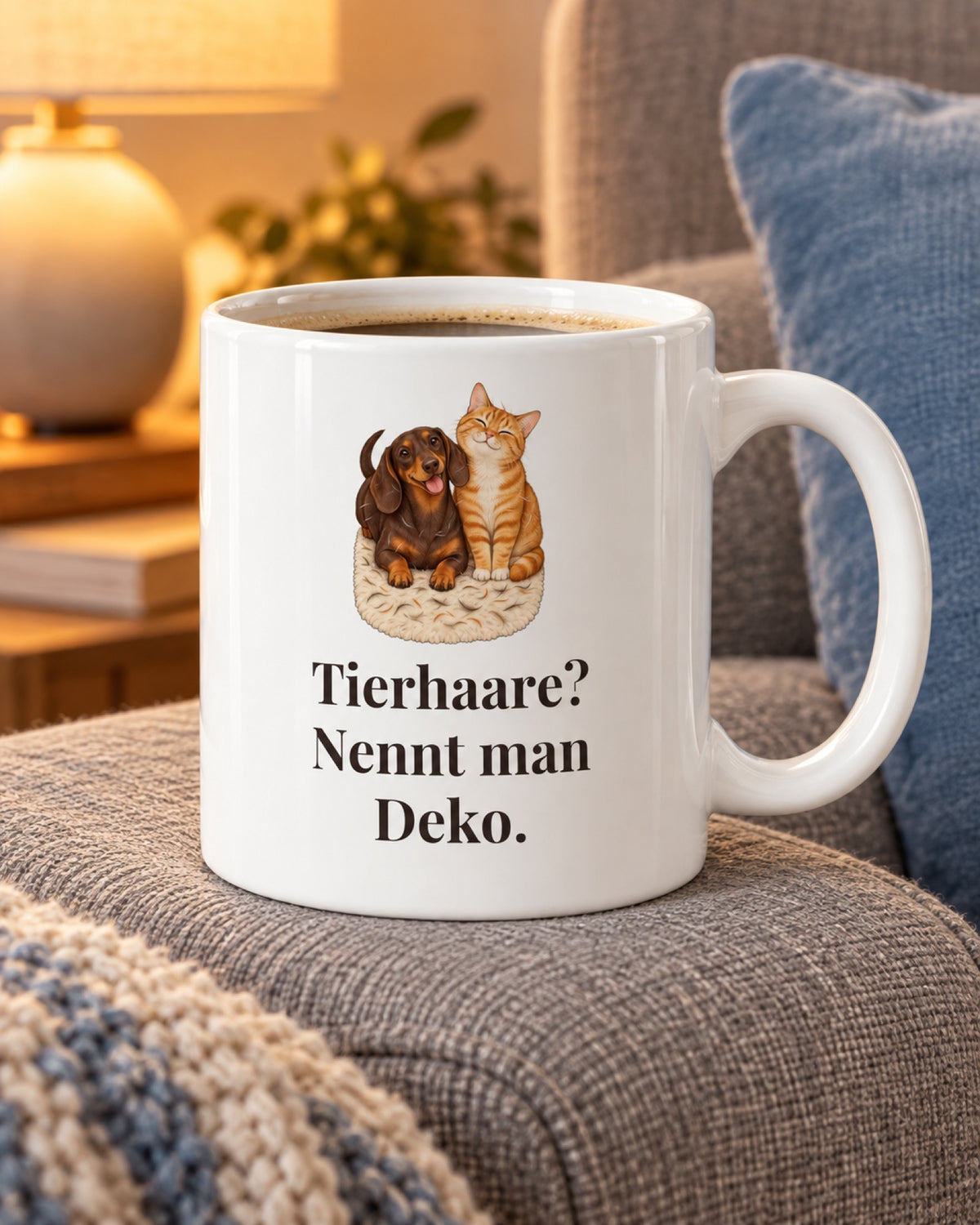 Weiße Keramiktasse Tasse mit Spruch: Tierhaare? Nennt man Deko. auf dem Sofa am Abend