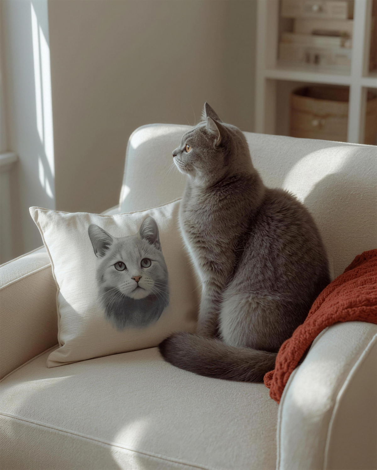 Britisch-Kurzhaar-Katze auf einem Sessel neben einem Kissen mit ihrem Portrait