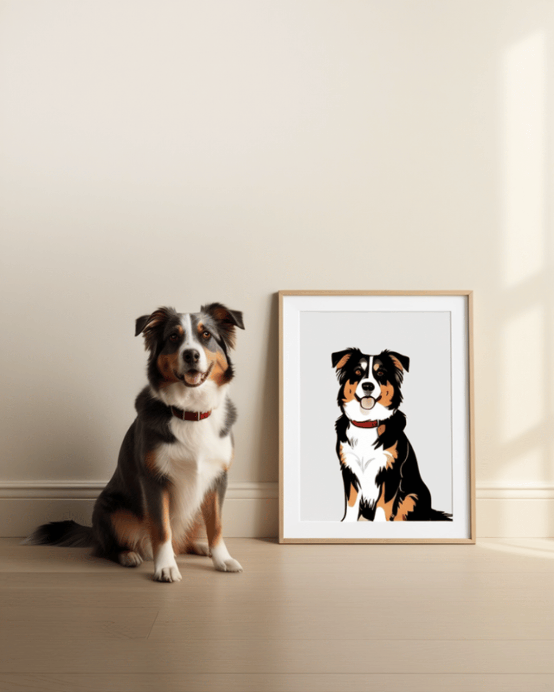 Australian Shepherd neben seinem gerahmten Cartoon-Portrait