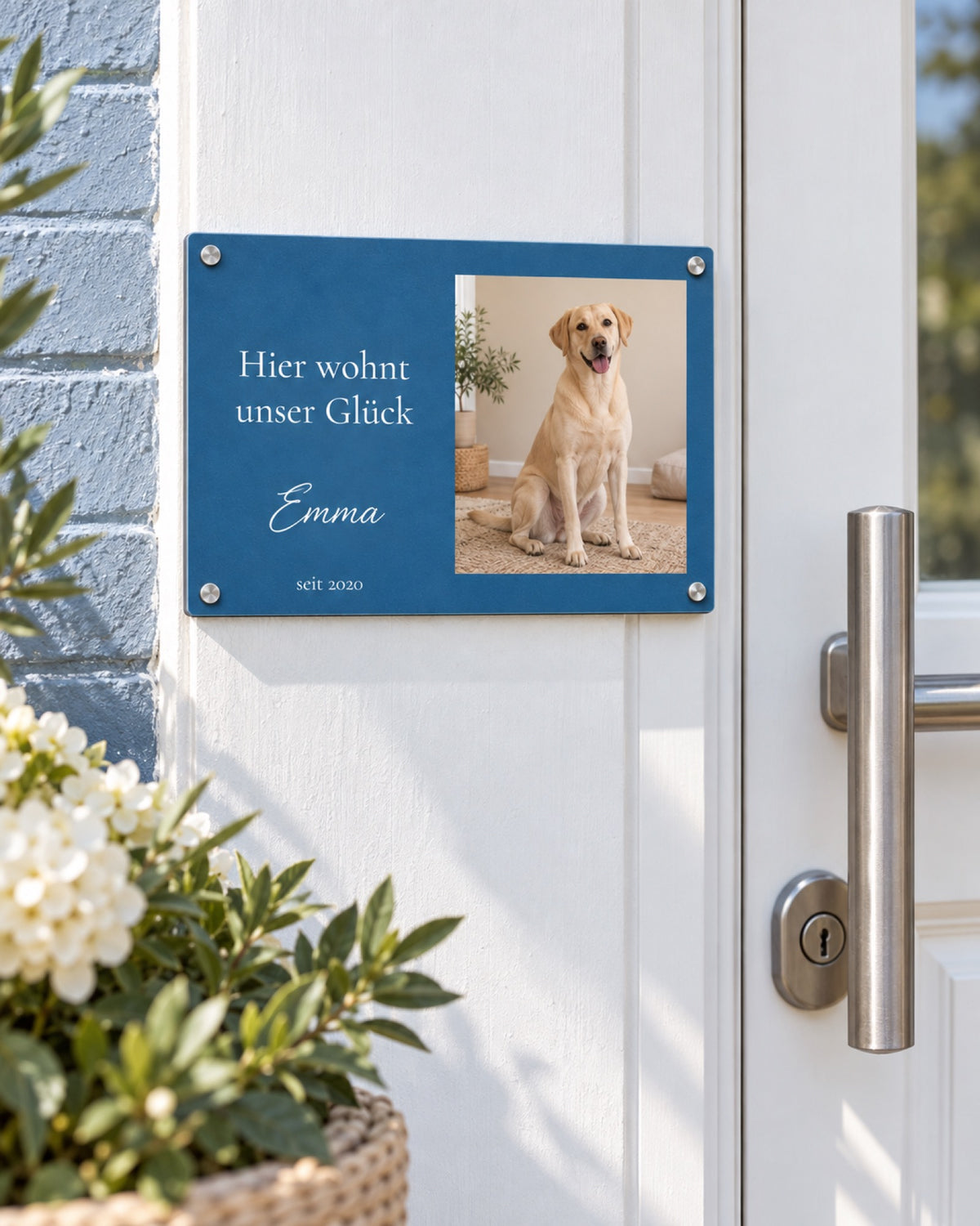 Türschild mit Labrador Emma an einer weißen Haustür an blauem Backstein im Sommer