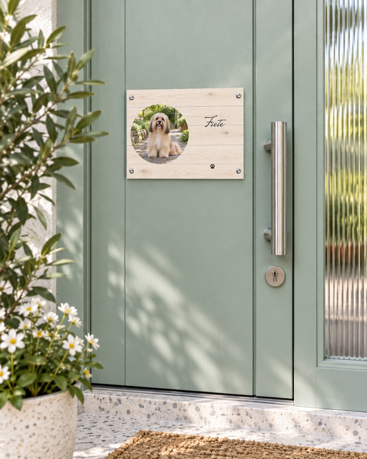 Türschild mit Lhasa Apso Fiete an einer mintfarbenen Glastür im Frühling