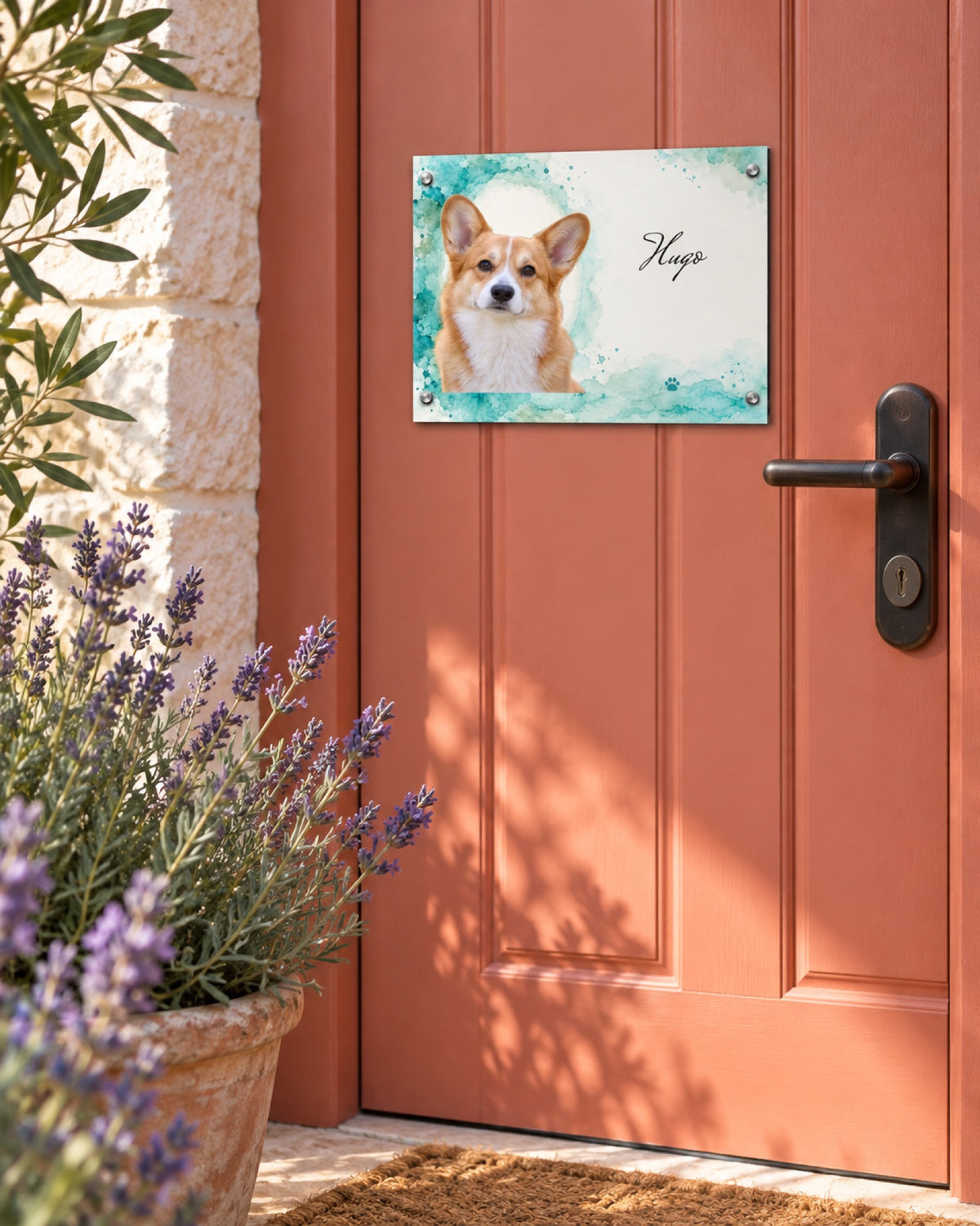 Türschild mit Corgi Hugo an einer korallfarbenen Landhaustür im Sommer