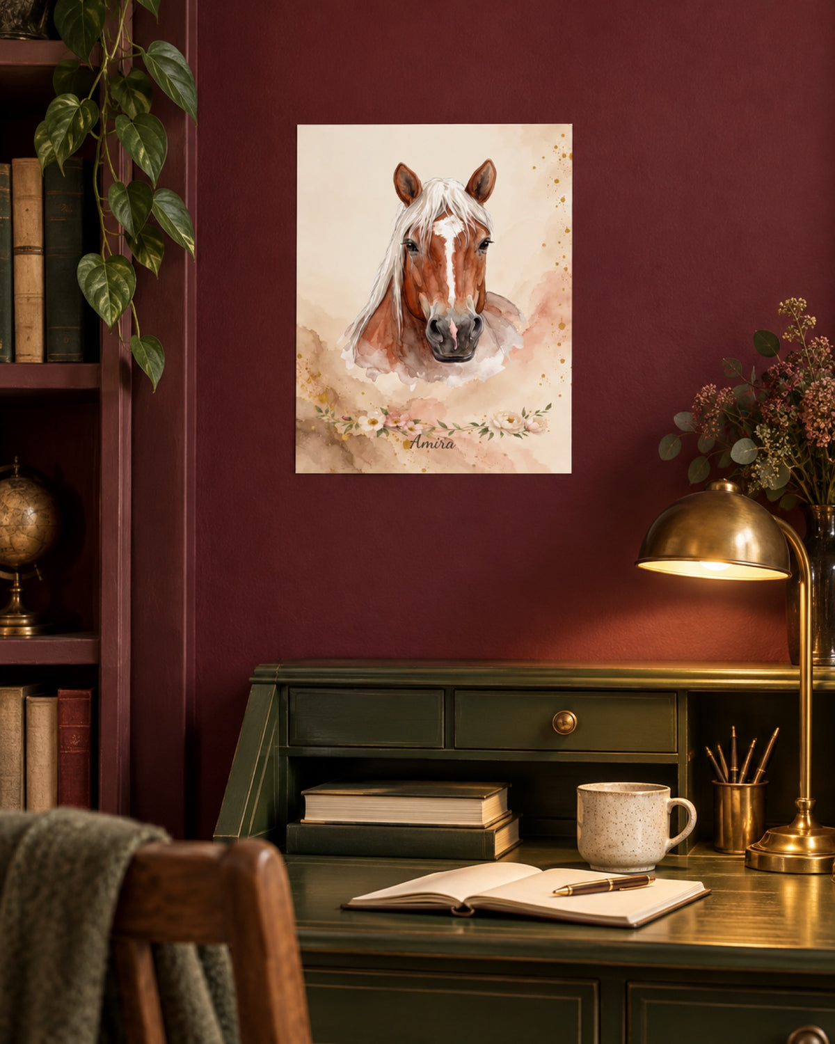 Ungerahmtes Poster mit Fuchs Amira in einer Lifestyle-Szene: weinrote Landhausbibliothek, kleines ungerahmtes Poster über einem grünen Schreibsekretär