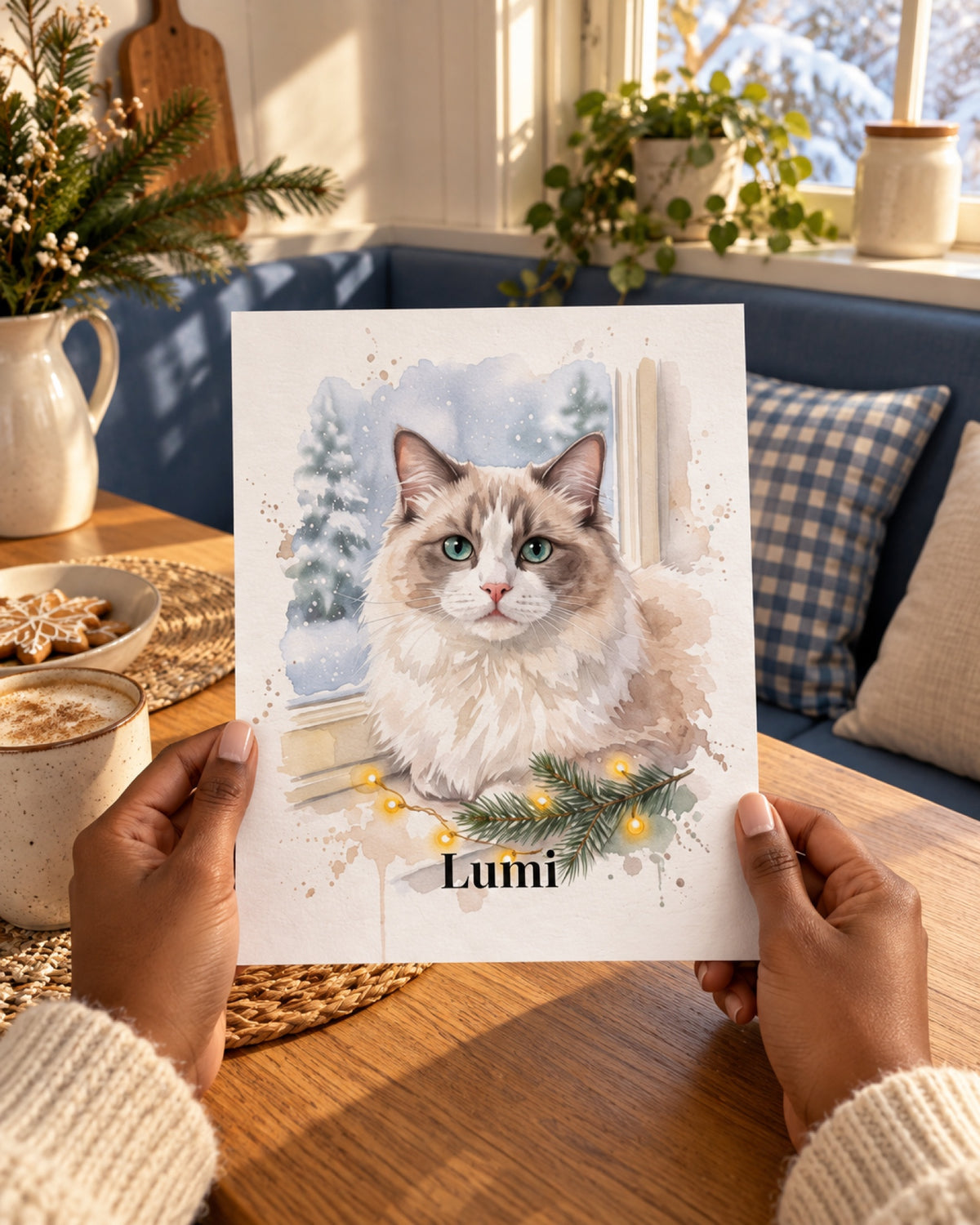Ungerahmtes Poster mit Ragdoll Lumi in einer Lifestyle-Szene: blaue Küchenbank, Person mit dunkelbraunen Händen hält das rahmenlose Poster bei Wintersonne